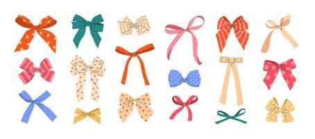 Set of hand drawn multicolored bows, bow knots, bow ties, ribbons, and hair bows. Isolated elements on white background. Bundle of various bows in flat style for celebration designs. vector