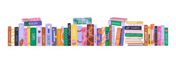 Stack of various books. Home library collection with educational literature, novels, encyclopedias for Back to School, libraries, book fairs or World Book Day. Horizontal illustration on white. vector