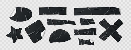 Set of wrinkled black duct tape, adhesive tape, or sticky paper strips. Isolated elements in various shapes on background. Collection of realistic tape pieces for collages and creative designs. vector