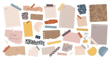 Big set of various torn paper notes, stickers, to do list, notebook, duct and washi tapes, paper clips. Isolated sticky elements, planners, reminders for mood boards, scrapbooking or collages. vector