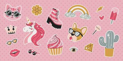 Set of different modern stickers for scrapbooking, collages, girly prints, diary and planners designs. Isolated elements and symbols on pink background. Unicorn, cat, cactus, rainbow, crown, diamond. vector