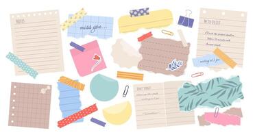 Set of torn paper notes, stickers, to do lists, duct washi tapes, paper clips. Isolated sticky craft elements and reminders for scrapbooking, collages or mood boards. Illustrations on white. vector