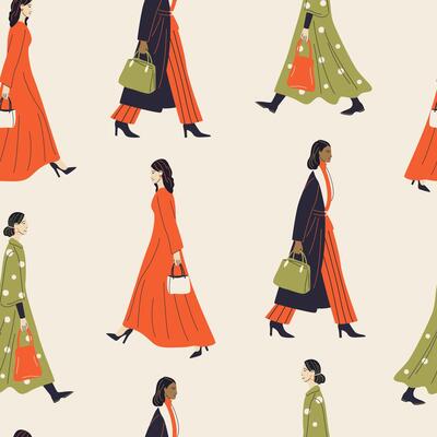 Seamless pattern with diverse young women walking in modern outfits. Tile for fabric, textiles, wrapping paper, beauty and fashion projects. Includes ready-to-use swatches.