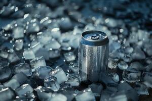 A metal can with water drops stands among many ice cubes on a dark surface. photo
