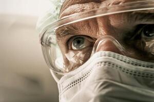 Close-up of a doctor's eye in protective goggles, a mask, and a cap, looking up, light background. photo