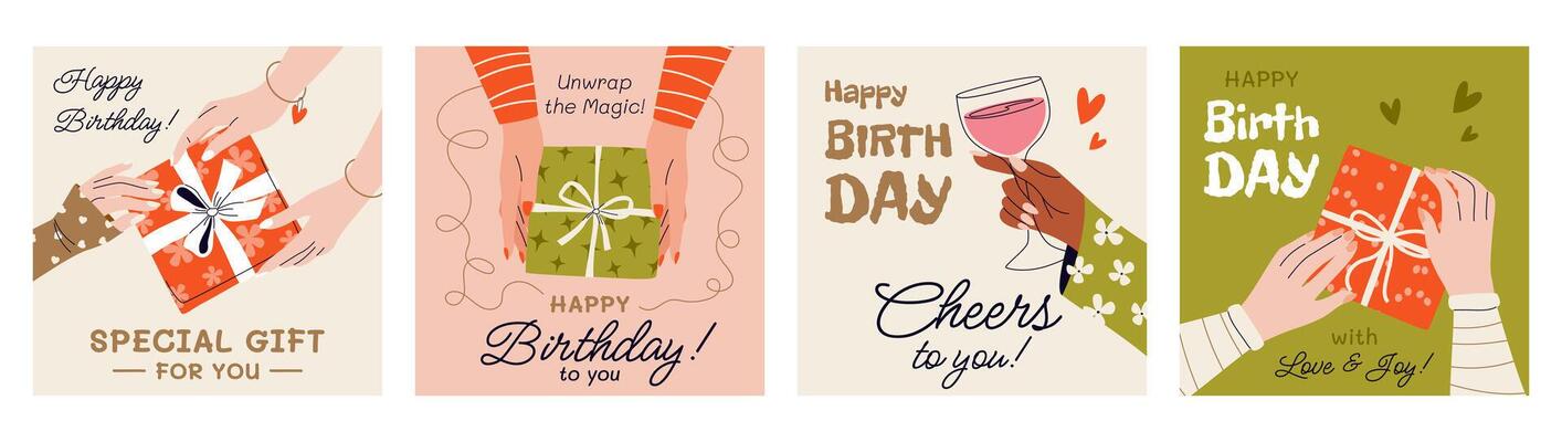 Set of square birthday greeting cards or party invitations. Festive postcards for celebrating an anniversary with text and wishes. Hands holding gift boxes and bouquet of flowers, showing heart sign.