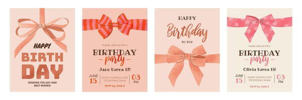 Happy Birthday greeting cards and party invitations set. Vertical templates with decorative bows and text. Cute festive design for birthday celebration. Hand drawn grainy illustrations. vector