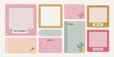 Set of paper notes, stickers, photo frames, wish list, lined and grid pages. Isolated girly elements and reminders for scrapbooking, collages, and planners in retro style. vector