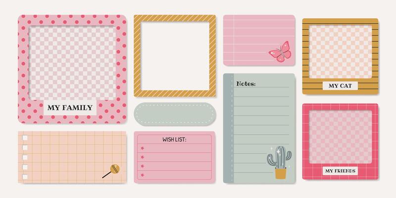 Set of paper notes, stickers, photo frames, wish list, lined and grid pages. Isolated girly elements and reminders for scrapbooking, collages, and planners in retro style.