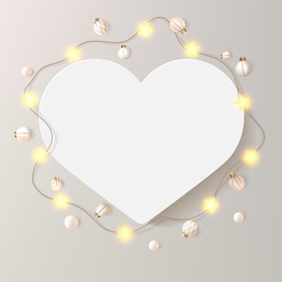 Heart shape picture frame. White card with wreath of shiny star light bulbs and balls. Love message, soft beige festive luxury bg. Realistic photo mockup, decorated with Christmas garland.