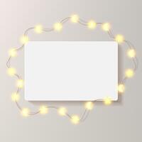 Rectangle Ramadan frame on light beige bg. Illuminated by glowing led stars, light bulb warm garland. Horizontal landscape festive greeting card container mockup. Luxury empty Eid Mubarak gallery wall vector