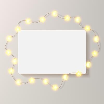 Rectangle Ramadan frame on light beige bg. Illuminated by glowing led stars, light bulb warm garland. Horizontal landscape festive greeting card container mockup. Luxury empty Eid Mubarak gallery wall