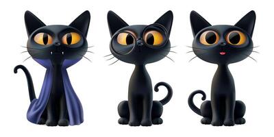 Realistic magic black cat set, 3d halloween ginger eye devil in costume dracula, smart kitten in eyeglasses, surprised curious pet with tongue out. Sitting pose isolated quirky spooky character render vector