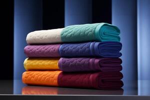 Multicolored towels with a relief pattern are neatly stacked on a table, dark background with backlighting. photo