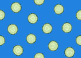 Cucumber slices isolated on blue background, seamless pattern. vector