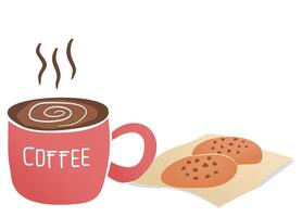 Chocolate chip cookies on the paper napkin and coffee in cup. Flat style elements. vector