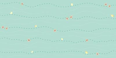 Green stylish minimalistic thin stripes dashed outline pattern with tiny flowers and butterfly. vector