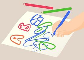 Childish scribble style, messy line, colorful were drawn by children, drawing with crayon, colored pencil. Learning alphabet and freehand drawing on paper. vector