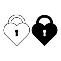 Heart Shaped Padlock with Keyholes. The image depicts two heart shaped padlocks side by side. One lock is outlined in black with a hollow interior, while the other is a solid black silhouette. vector