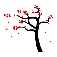 Heart Tree Silhouette Illustration. This is a illustration of a stylized tree with a black trunk and branches, adorned with red, heart shaped leaves. vector