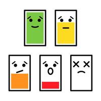 Battery Levels with Facial Expressions Illustration. A illustration representing five battery icons with varying charge levels, each paired with a corresponding facial expression. vector