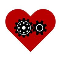 Heart with Mechanical Gears Illustration. A bold illustration featuring two black mechanical gears placed inside a large red heart shape. vector