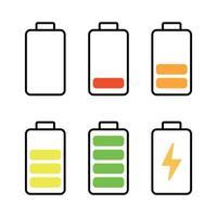 Battery Charge Level Icons Set Illustration. An illustration featuring six battery icons representing different charge levels and status. vector