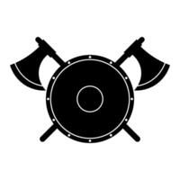 Round Shield with Crossed Battle Axes Silhouette. A black silhouette of a round shield with a simple circular pattern at its center, crossed by two symmetrical battle axes. vector