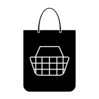 Shopping Bag Icon with Basket Symbol. Black and White Illustration. The bag is depicted in solid black with smooth, rounded corners and a curved handle. vector
