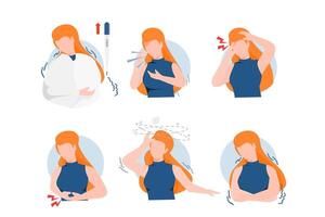 Set of female characters in sickness symptoms. Flat style vector
