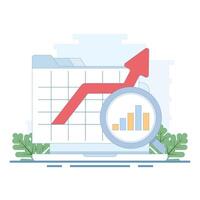 Business data analysis concept. magnifying glass on bar chart with arrow pointing up, business financial investment. dashboard information chart report. data analysis and growth. flat design. vector