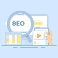 Search engine optimization concept, social media marketing. search marketing, SEO services, analysis and planning strategies. SEO optimization. flat style design illustration on background. vector