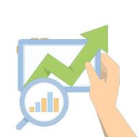 Business data analysis concept. magnifying glass on bar chart with arrow pointing up, business financial investment. dashboard information chart report. showing data analysis and growth. design. vector