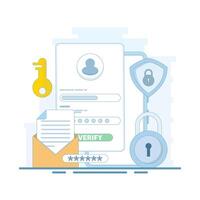 Online account registration and access concept. Protection of profiles and accounts on the internet. Logging into a profile or account. Identity verification and security. Flat illustration. vector