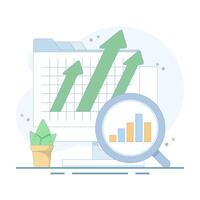 Business data analysis concept. magnifying glass on bar chart with arrow pointing up, business financial investment. dashboard information chart report. showing data analysis and growth. vector