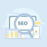 Search engine optimization concept, social media marketing. search marketing, SEO services, analysis and planning strategies. SEO optimization. flat style design illustration. vector