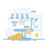 eCommerce Marketing Concept. Browsing eCommerce Website, Buying products from eCommerce web. Safe online shopping. Flat cartoon design illustration on background. vector