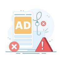 Ad fraud concept. Ad click fraud. Ad fraud generates fake ad impressions, makes money, cyber fraud and crime, fraud alerts, hacker attacks and web security. flat design illustration. vector