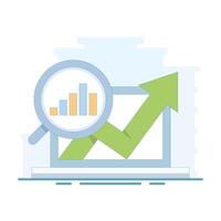 Business data analysis concept. magnifying glass on bar chart with arrow pointing up, business financial investment. dashboard information chart report. data analysis and growth. flat style design. vector