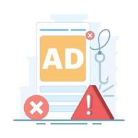 Ad fraud concept. Ad click fraud. Ad fraud generates fake ad impressions, makes money, cyber fraud and crime, fraud alerts, hacker attacks and web security. flat style design illustration. vector