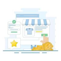 eCommerce Marketing Concept. Browsing eCommerce Website, Buying products from eCommerce web. Safe online shopping. Flat design illustration on background. vector