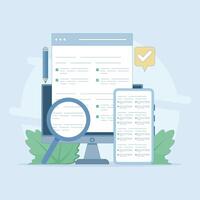 Testing concept. Reading test. Online exam, questionnaire form, Explore quiz checklist answers and success results. Online education, survey metaphor. Flat illustration on background. vector
