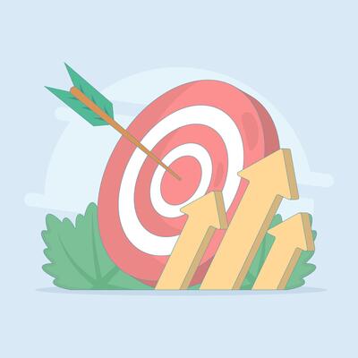 Concept of success in business. Achieving goals. Dart board, arrows, diagrams. Business growth, business plan, financial targets, goals and objectives. Flat design illustration on background.