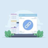 Website Link Building Concept, Link Building as Search Engine Optimization, Link Marketing and Building. hyperlink system creation, website collaboration. Flat design illustration. vector