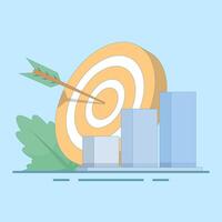 Concept of success in business. Achieving goals. Dart board, arrows, diagrams. Business growth, business plan, financial targets, goals and objectives. Flat style design illustration on background. vector
