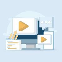 Internet online player, Business marketing. player on computer screen, content marketing. content social media marketing. Flat illustration on background. vector