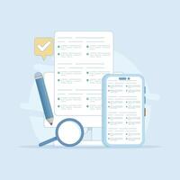 Testing concept. Reading test. Online test, questionnaire form, Explore quiz checklist answers and success results. Online education, survey metaphor. Flat style design illustration. vector