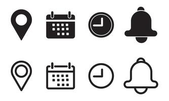 Calendar, location, notification bell time, Address, clock, icon set. event, date, address, reminder, illustration. vector