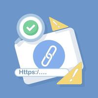 concept of protection from malicious links. suspicious and malicious hyperlinks, safe browsing and warning notifications, security system in browsers. unsafe websites. flat style illustration. vector