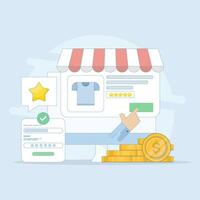 eCommerce Marketing Concept. Browsing eCommerce Website, Buying products from eCommerce web. Safe online shopping. Flat style design illustration on background. vector